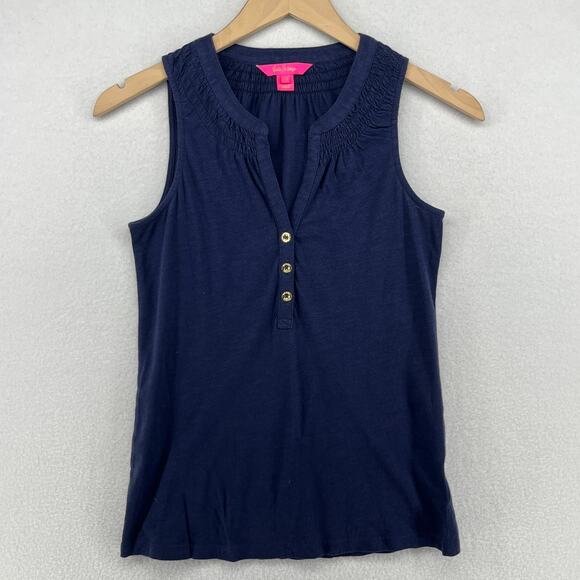 LILLY PULITZER Tank Top 2XS Essie Palm Beach Slub Popover Smocked Cotton Blue - Picture 1 of 15